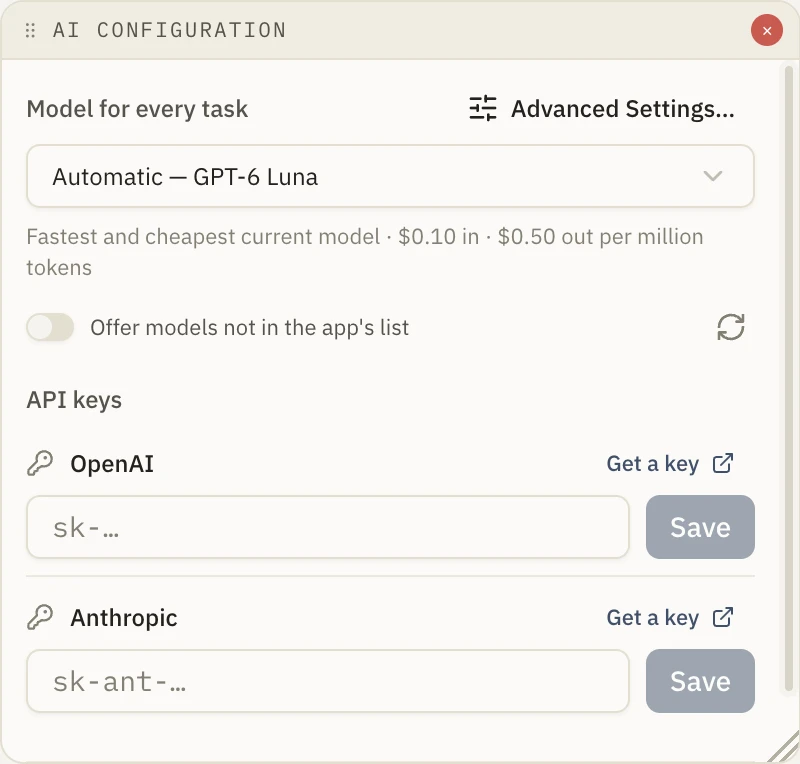 The AI Configuration panel: the model for every task, and fields for an OpenAI and an Anthropic key