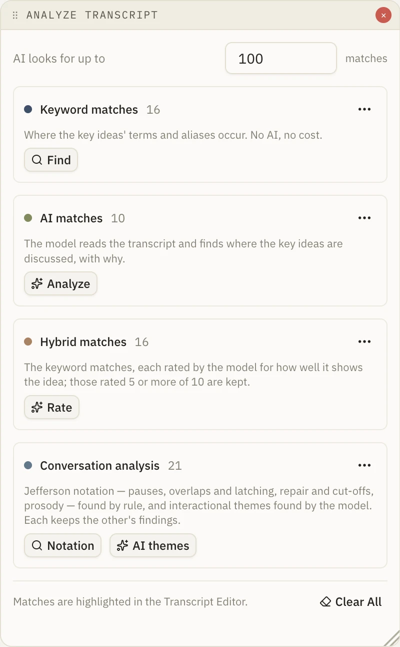 The Analyze Transcript panel with its four methods and how many each found