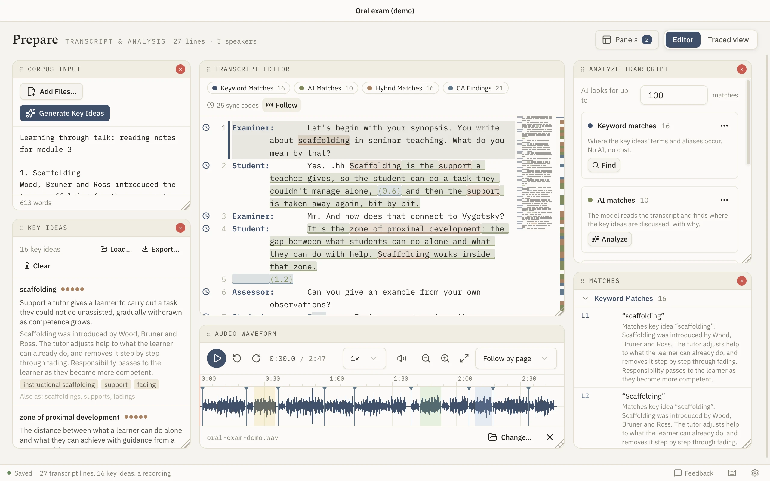 The Editor: course material and key ideas, the transcript with matches marked, the waveform, and the analysis methods