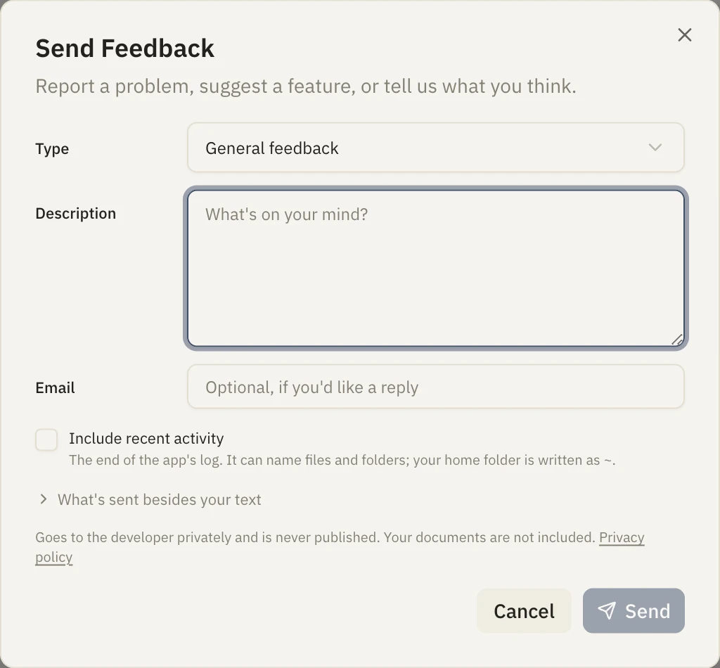 The Send Feedback dialog