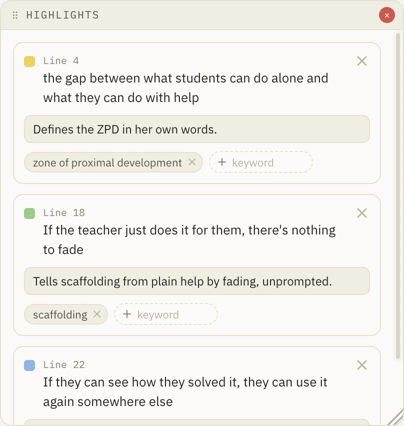 The Highlights panel: three highlighted passages, each with a note and keywords