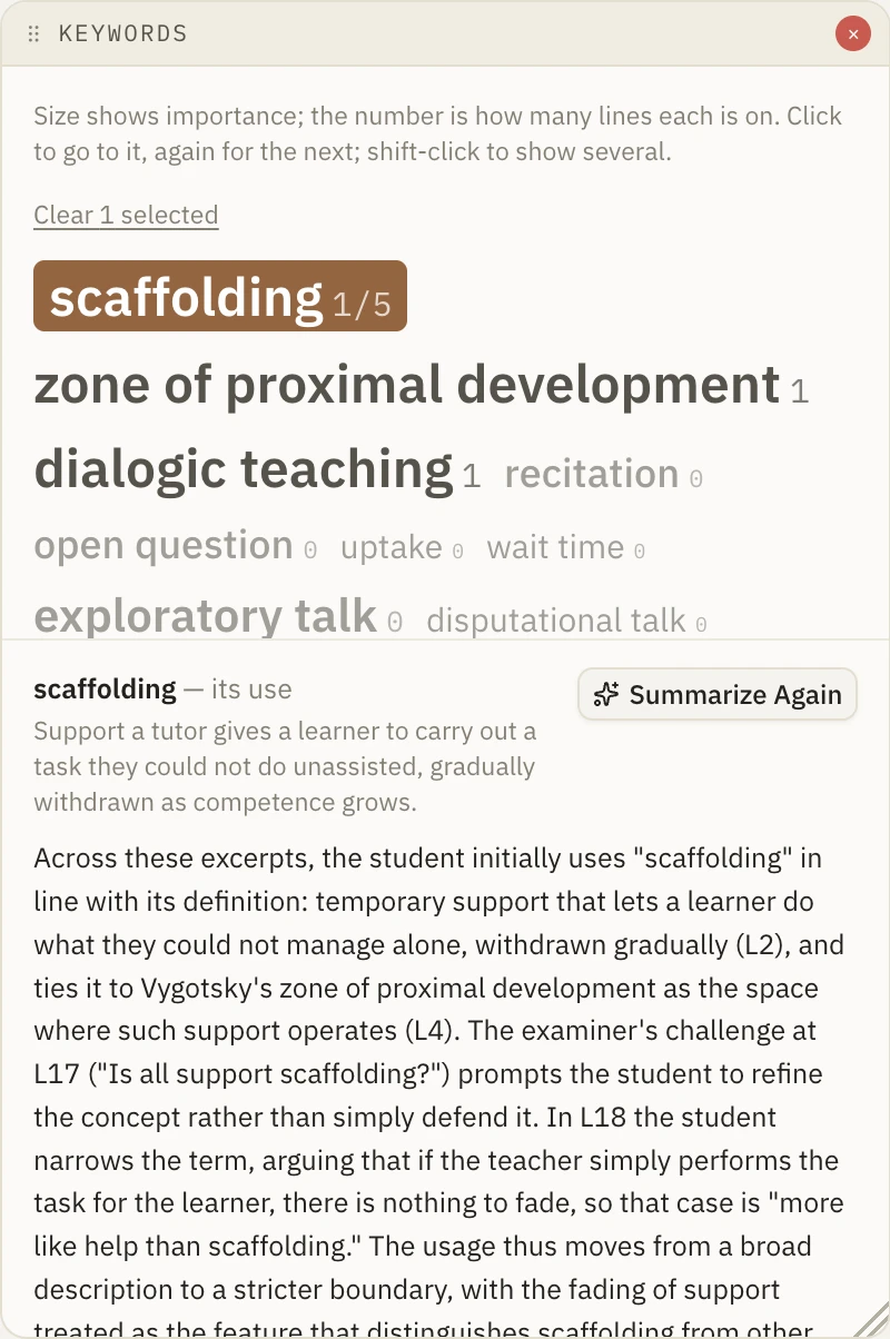 The Keywords panel with scaffolding selected and a summary of how it is used in the exam