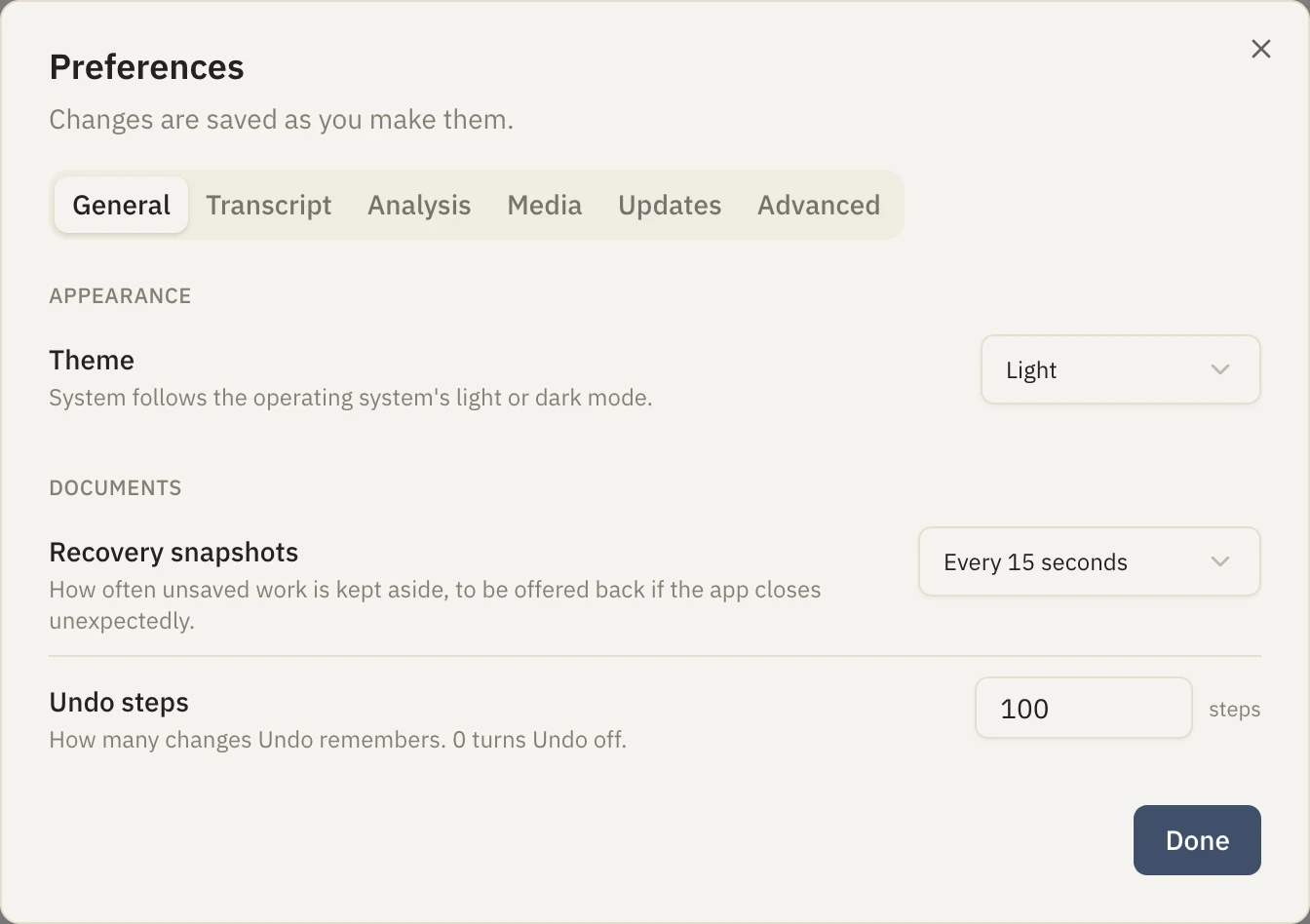The Preferences dialog, General tab