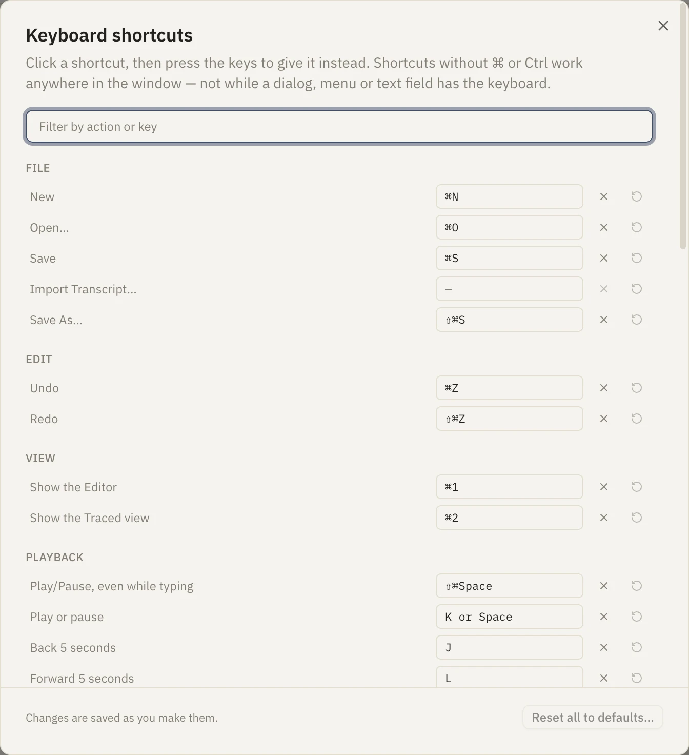 The keyboard shortcuts list